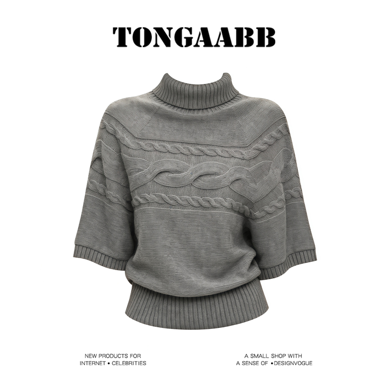 Retro Lazy Style Cable-Knit High-Neck Short Sweater for Women, Autumn Gray Short-Sleeve Sweater with a Slimming Design