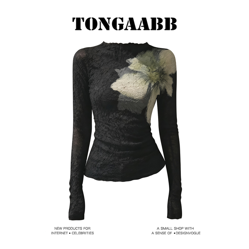 Intellectual Style Reversible Half-High Collar Printed Long-Sleeve T-Shirt for Women, Autumn Black Slim-Fit Flattering Top, Trendy Intellectual Style Reversible Half-High Collar Printed Long-Sleeve T-Shirt for Women, Autumn Black Slim-Fit Flattering Top, Trendy