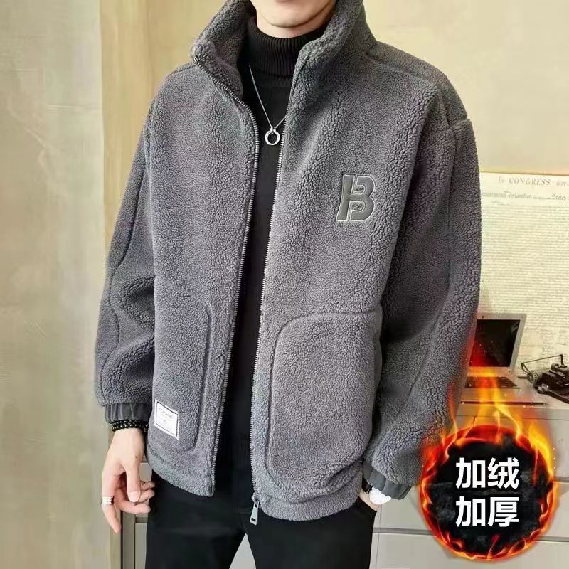 2024 Men's Autumn and Winter New Style Lamb Wool Jacket Men's Stand Collar Trendy Fleece Thickened Men's Winter Coat Trendy