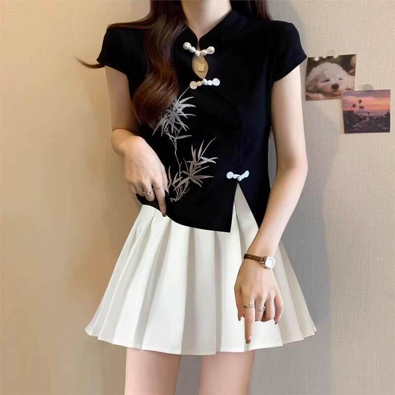 Soft and Comfortable Foot Massage Work Clothes for Women, Cheongsam Top, Pleated Skirt, New Chinese Style Set, Slim Fit, Foot Massage Uniform