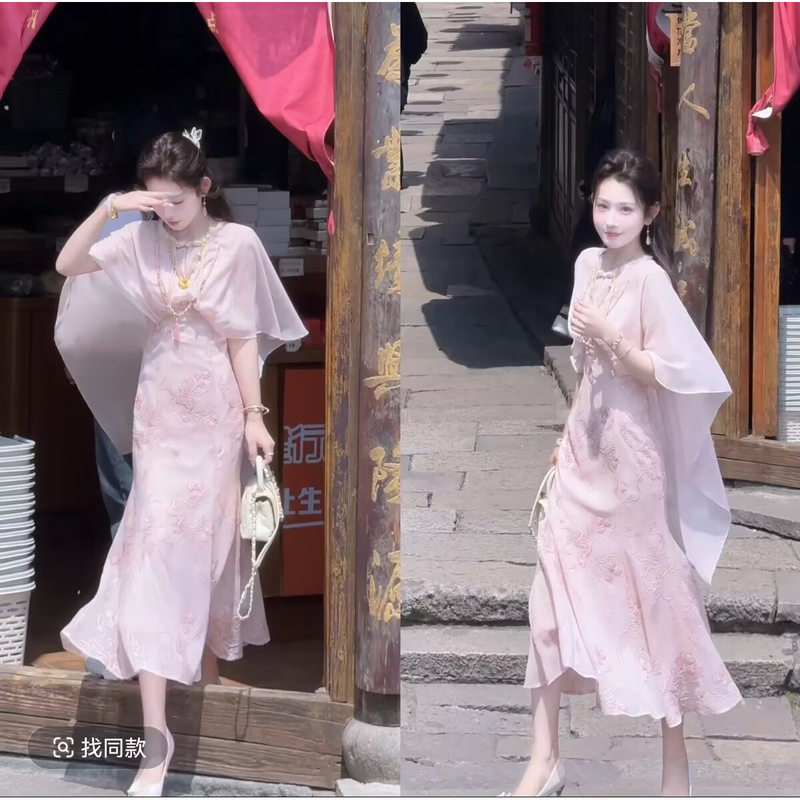New Chinese-Style Improved Fashionable Pink Dress for Women, 2026 Summer New Model, High-End Qipao Dress, National Style Long Dress New Chinese-Style Improved Fashionable Pink Dress for Women, 2026 Summer New Model, High-End Qipao Dress, National Style Long Dress