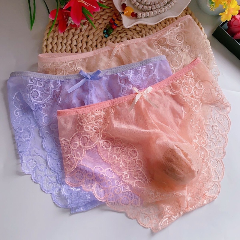 Men's Feminine Lace Transparent Underwear, Cross-Dressing Men's Sexy Pouch Lace Briefs, Breathable and Not Stuffy