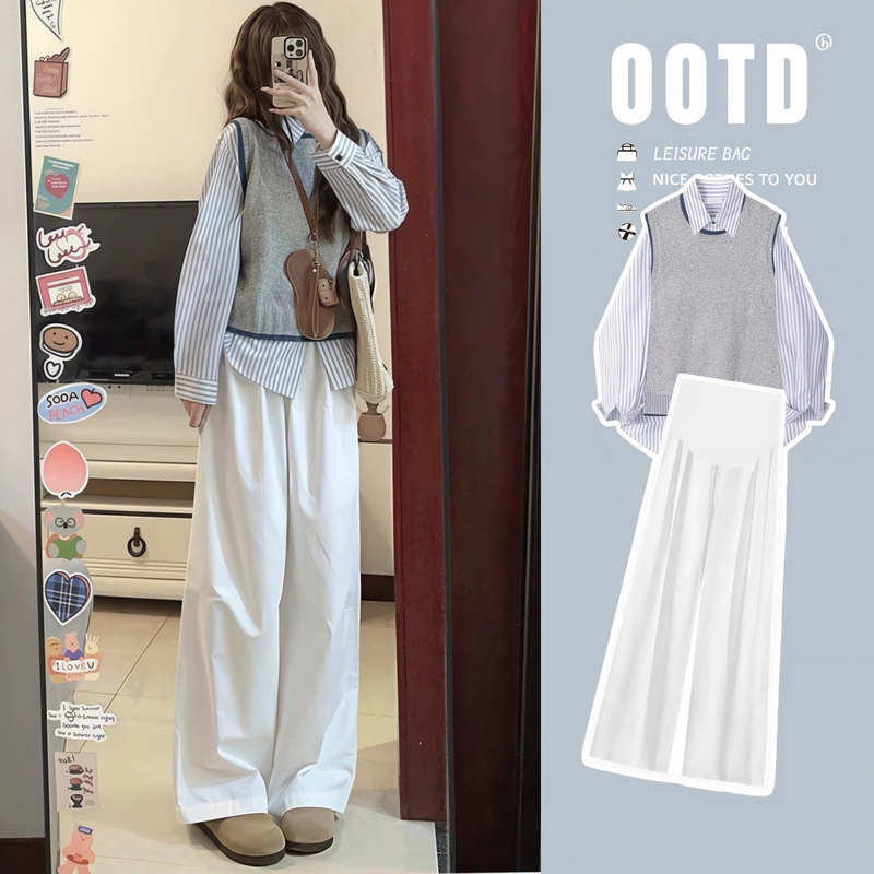 Maternity Wear'Easy Style' Autumn Outfit Set for Pregnant Women, Korean Style College Style Striped Shirt, Vest, Wide-Leg Pants Three-Piece Set