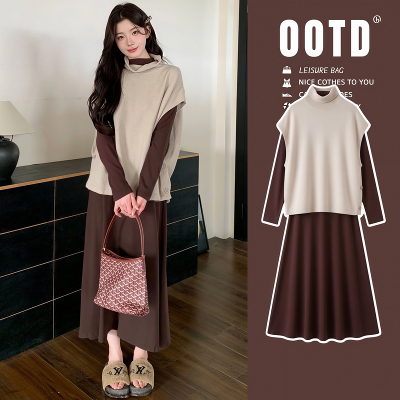Maternity Wear "Tea Smoke Has Not Disappeared" Stylish Maternity Outfit with a High-End Feel, Vintage Dress and Vest Autumn/Winter Set