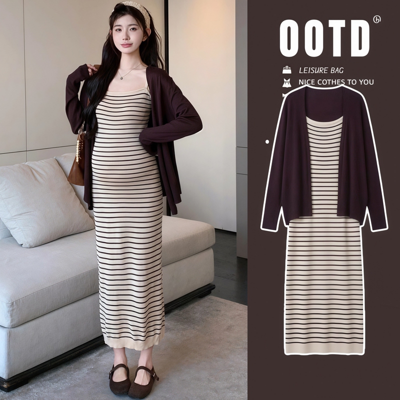 Maternity Wear "Lazy Outfit" for Pregnant Women, Autumn Dress 2026 New Style, High-End Suspender Dress and Cardigan Set
