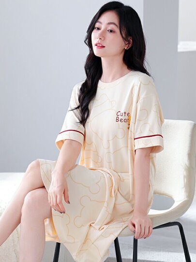 2025浪莎睡裙女夏季纯棉短袖甜美中长款宽松卡通网红连衣裙家居服