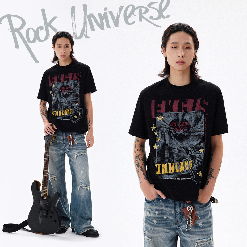 Oevb Original American Retro Guitar Print Short-Sleeve Unisex Loose Street Style Short Wide-Fit Regular Shoulder Top Trendy