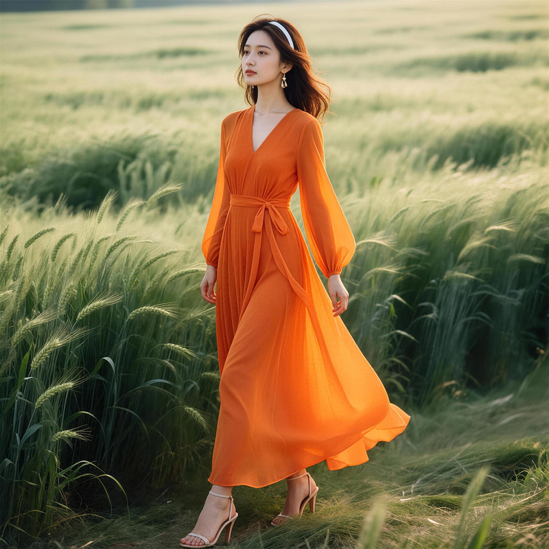 French Resort Style Orange Long-Sleeved Dress for Women, V-Neck, Waist Slimming, Long Skirt with a Large Hem, Good-Looking for Taking Photos, Beach Dress
