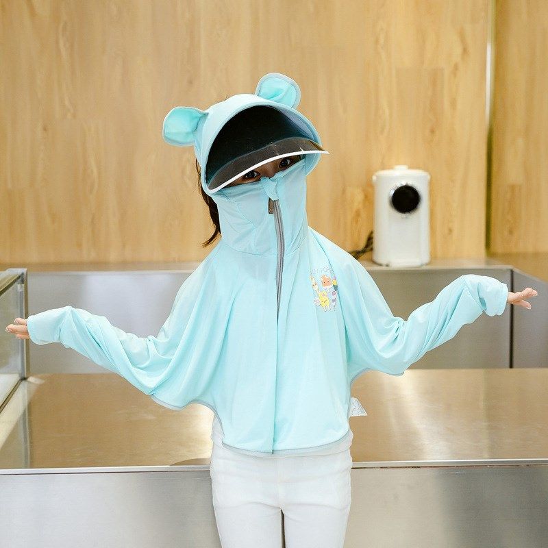 Sunscreen clothing girls summer thin section ice silk children's sunscreen clothing mesh hooded with mask boys sunscreen shirt jacket