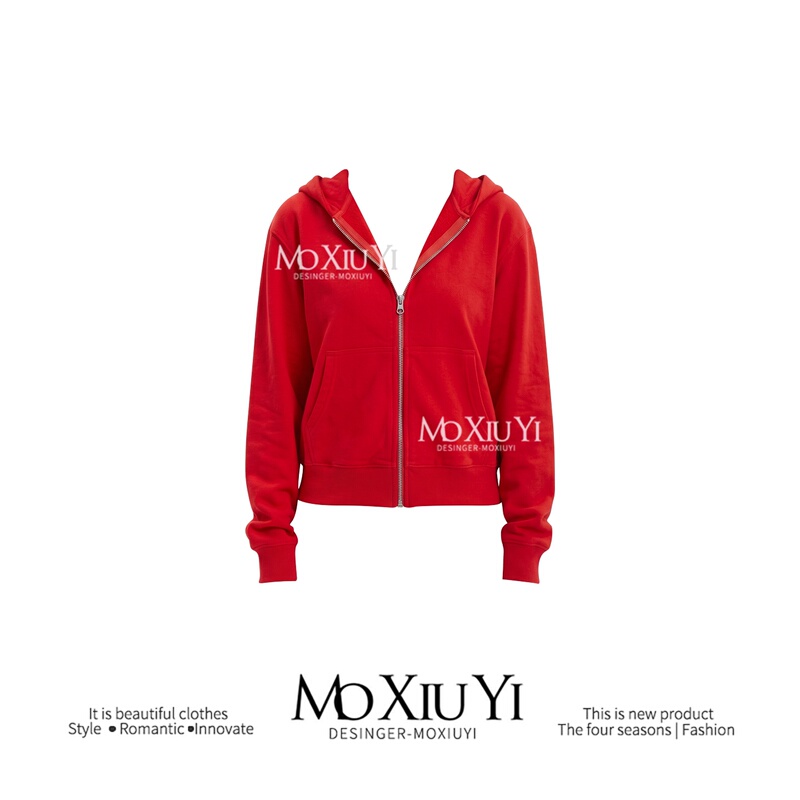 Moxiuyi Studio【Casual Red Hoodie】Red Hooded Zip-Up Sweatshirt for Women, Loose Casual Jacket Top Moxiuyi Studio【Casual Red Hoodie】Red Hooded Zip-Up Sweatshirt for Women, Loose Casual Jacket Top