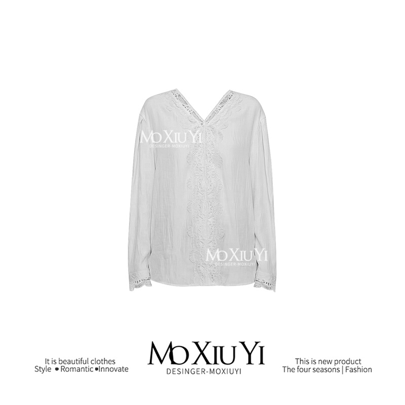 Moxiu Lace V-Neck Floral Shirt for Women 26 Autumn New Style Elegant High-End French Cut Out Casual White Shirt Top