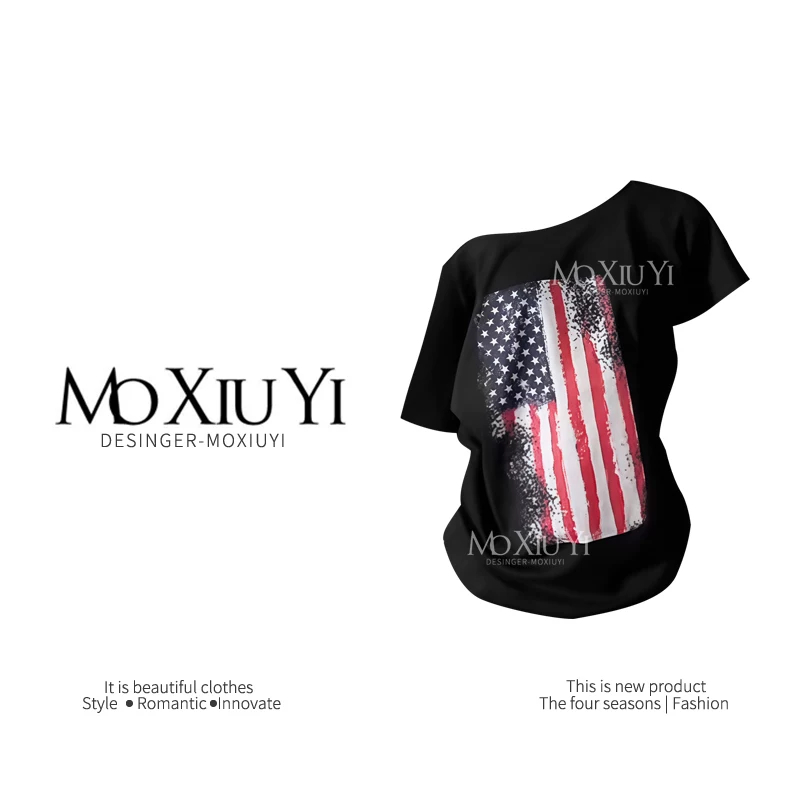 MoXiuYi [Spot] Американская горячая девушка флаг напечатанный свободный наклонный плечо короткий рукав футболка универсальный ленивый стиль повседневный