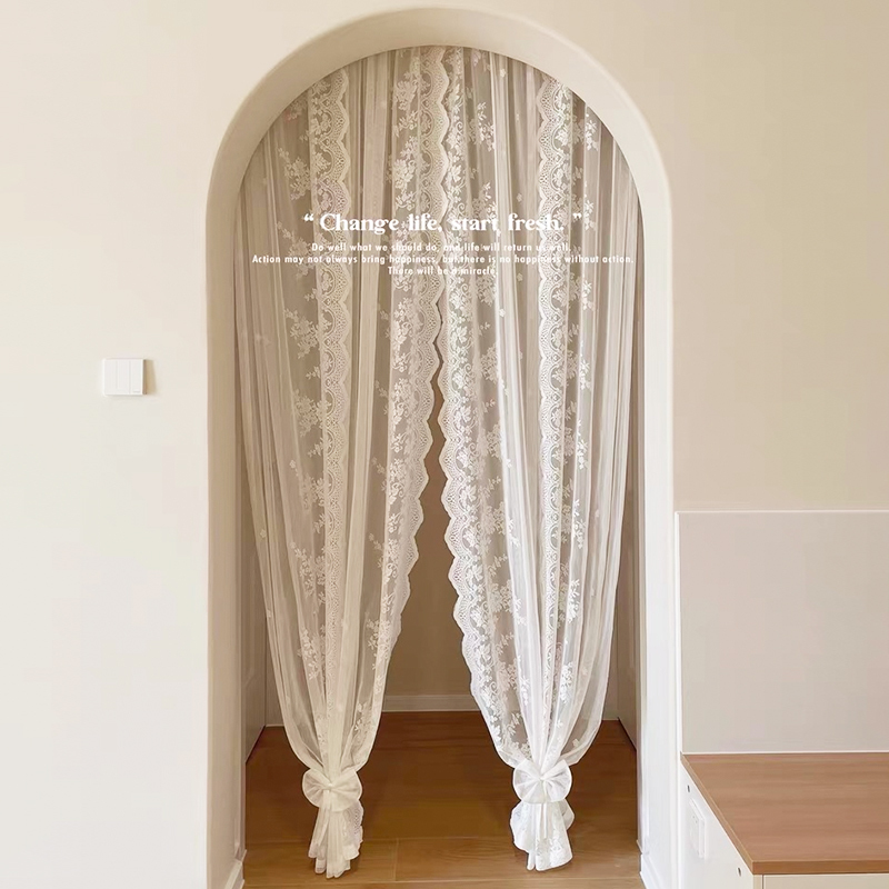 No-Drill French Lace Sheer Curtain for Window Covering, Bay Window Partition, Magic Tape Curtain for Balcony, Living Room, Rod-Mounted Door Curtain