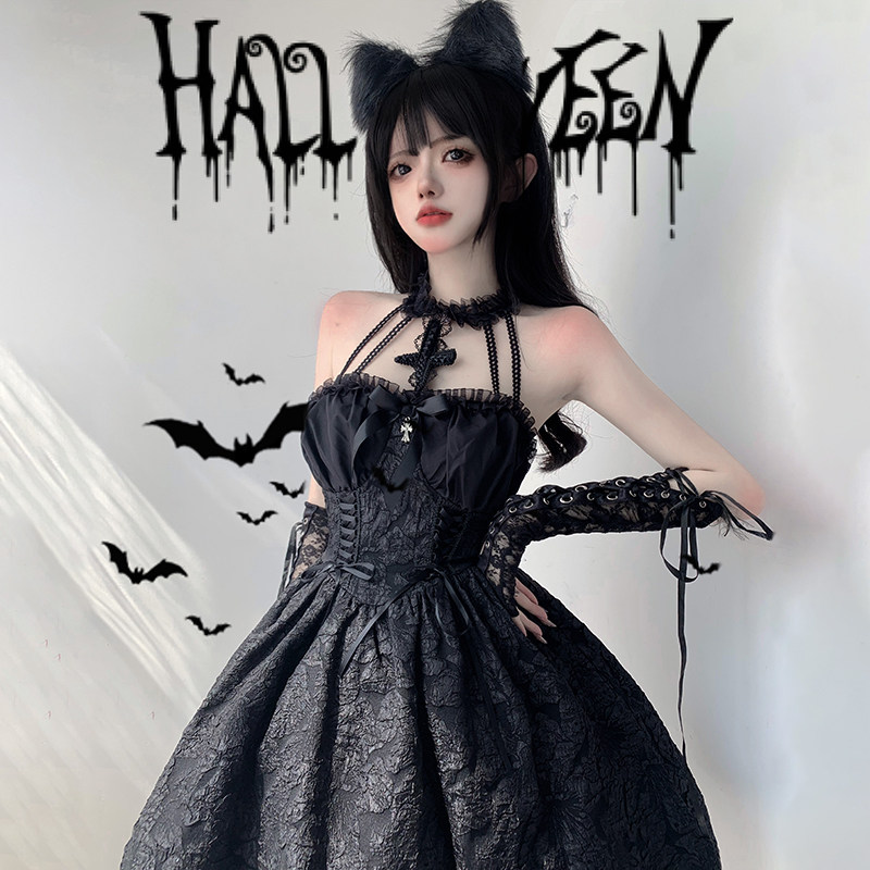 Bear and Kitten: Dark Cross-Shaped Waist-Cinched Mini Dress - Halloween Outfit - Pure and Alluring Lolita Princess Dress