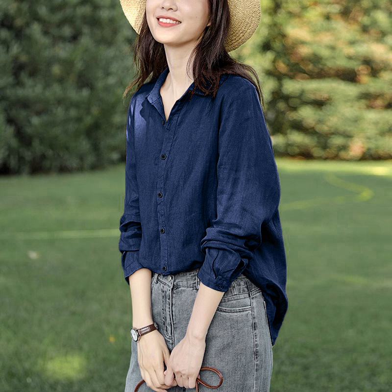 Navy Blue Pure Cotton Shirt for Women, Spring and Autumn 2026 New Style, Loose Long-Sleeved Dark Blue Collared Slimming Shirt Top Navy Blue Pure Cotton Shirt for Women, Spring and Autumn 2026 New Style, Loose Long-Sleeved Dark Blue Collared Slimming Shirt Top