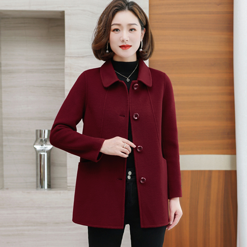 High-End Double-Sided Cashmere Coat for Women, Short Style, Middle-Aged and Elderly Double-Sided Woolen Coat, 100% Wool, Autumn and Winter Wear