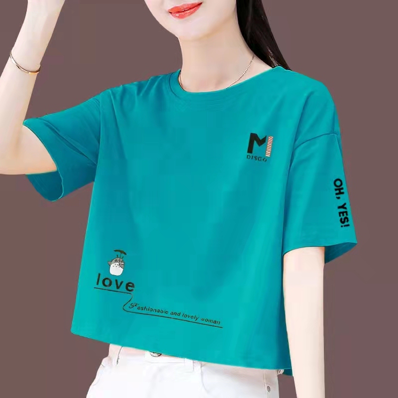 Cartoon Pure Cotton T-Shirt for Women, Short Style, 2025 New Summer Loose Fit, Slimming, High-Waisted, Elegant Lake Blue Short-Sleeve Top Cartoon Pure Cotton T-Shirt for Women, Short Style, 2025 New Summer Loose Fit, Slimming, High-Waisted, Elegant Lake Blue Short-Sleeve Top