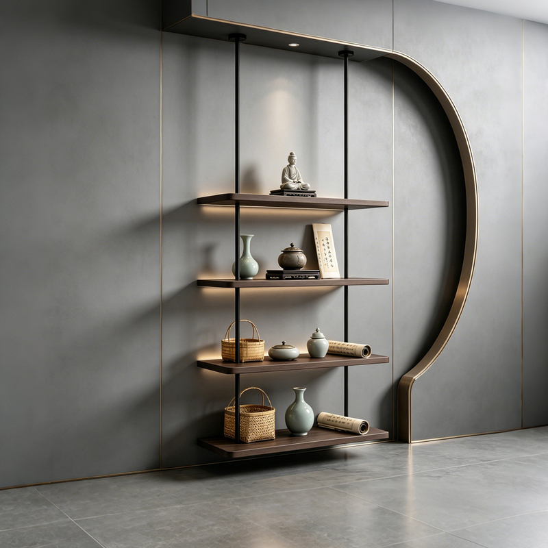 New Chinese-Style Hanging Rod Storage Rack, Suspended Solid Wood Shelf, Zen-Inspired Wall Decoration Storage Shelf for Living Room, Study, and Tea Room