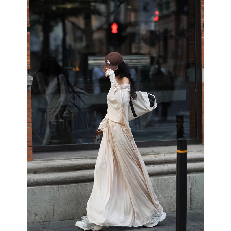 Luna7xi Apricot Two Piece Set Women's Spring Long Sleeve Off Shoulder T-shirt Top High Waist Casual Hundred Fold Half Body Skirt