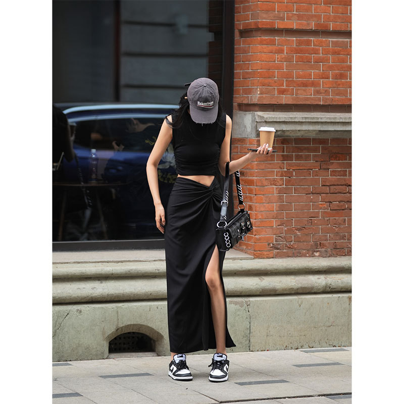 Luna7Xi Black Design Skirt for Women, Summer Versatile Casual High-Waisted Slimming Straight Skirt with Slit Long Skirt Luna7Xi Black Design Skirt for Women, Summer Versatile Casual High-Waisted Slimming Straight Skirt with Slit Long Skirt
