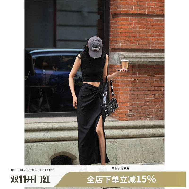 Luna7Xi Black Design Skirt for Women, Summer Versatile Casual High-Waisted Slimming Straight Skirt with Slit Long Skirt