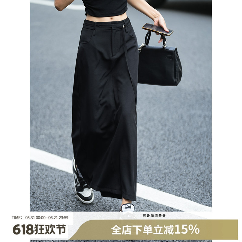 Luna7Xi Black Hepburn-Style Suit Skirt for Women, New Summer High-Waisted Slimming Slit Long Skirt