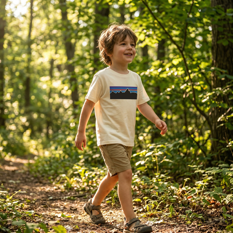 2026 Summer Patagonia Same Style Children's Short-Sleeved Mountain Print Pure Cotton Round Neck Loose Casual T-Shirt