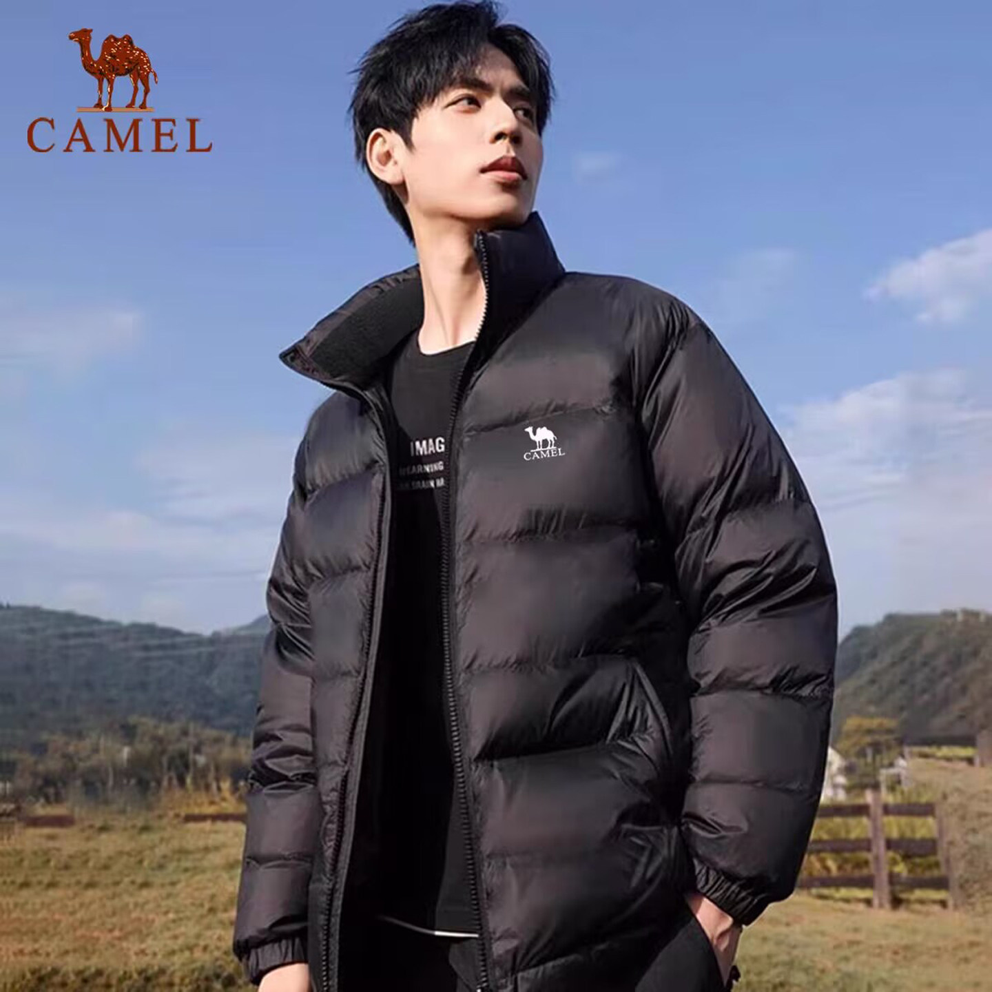 Пуховик Camel для мужчин и женщин в одном стиле, короткий воротник-стойка, новинка 2025 года, национальный стандарт, 90% белый утиный пух, зимняя новая куртка для пары Изображение 1