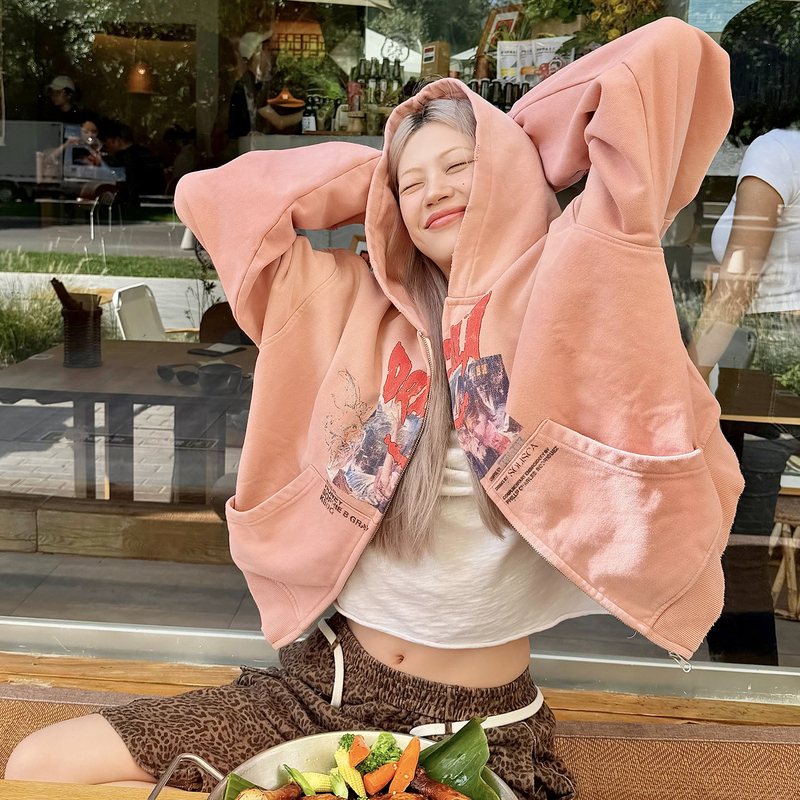 Luck Brave Washed Distressed Street Portrait Print Short Wide Zipper Hooded Cardigan Sweatshirt Autumn and Winter Jacket