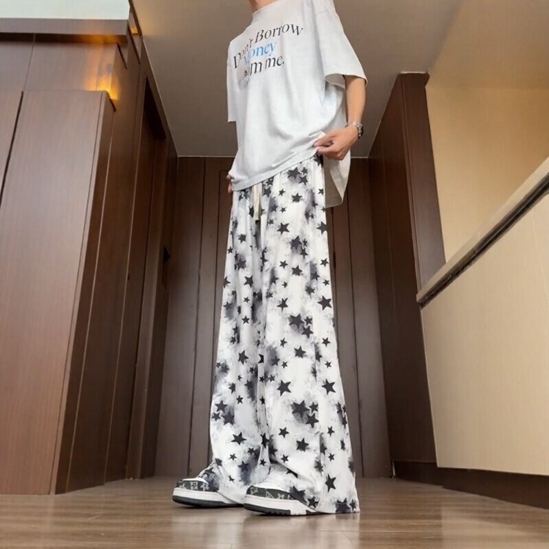 American-Style Tie-Dye Star Ice Silk Pants for Men, Summer Thin Style, Relaxed and Casual Quick-Dry Straight-Leg Walking Pants