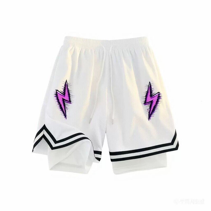 American High Street Basketball Lightning Print Shorts for Boys, New Summer Style, Faux Two-Piece Shorts, Loose Training Sports Pants