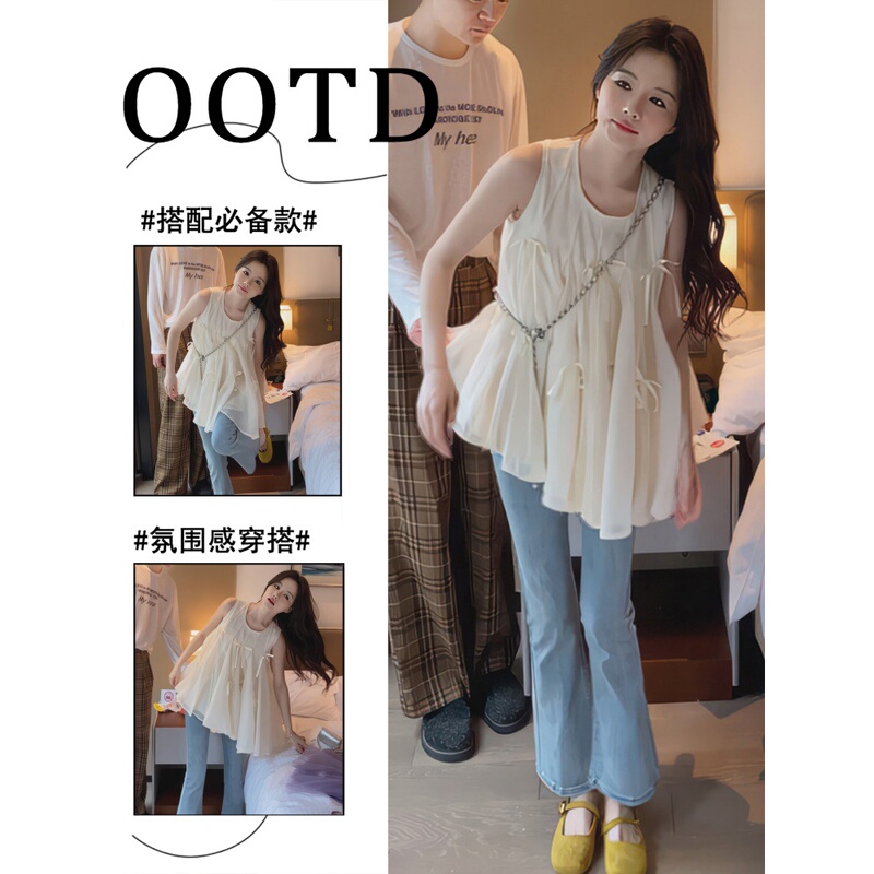 Korean Style Age-Reducing Sweet Bow Sleeveless Top 2026 Summer New Slim-Fit Mesh Babydoll Shirt for Petite Figures