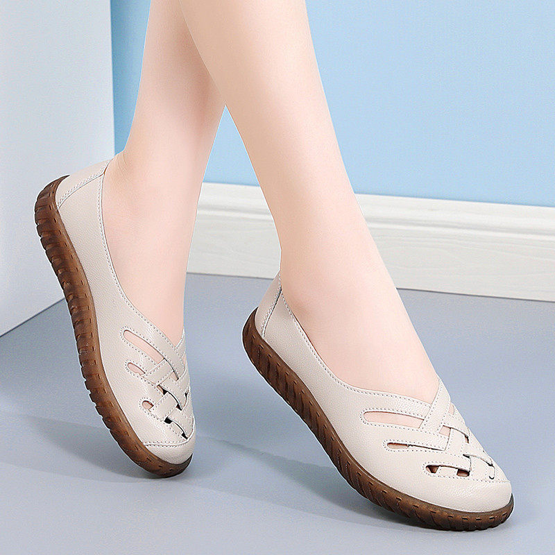 Special Offer: Genuine Leather Flat Shoes for Middle-Aged and Elderly Women, Summer Pure Leather Soft-Soled Loafers, Comfortable and Breathable Perforated Sandals for Women