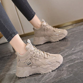 soft sole High-Top Soft-Soled Dad Shoes for Women, 2025 Spring New Popular Style, Winter Genuine Leather with Plush Lining, Warm Large Cotton Shoes