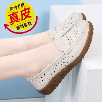 Genuine Leather Tendon Soft-Soled Comfortable Mom Shoes, Summer Slip-On Loafers for Middle-Aged and Elderly Women, Hollow-Out Loafers
