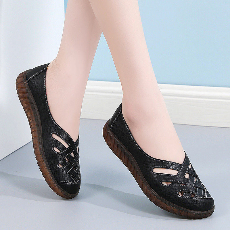 Special Offer: Genuine Leather Flat Shoes for Middle-Aged and Elderly Women, Summer Pure Leather Soft-Soled Loafers, Comfortable and Breathable Perforated Sandals for Women
