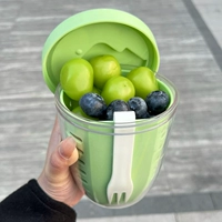 [Портативный] Зеленая чашка + белая вилка, 600 мл