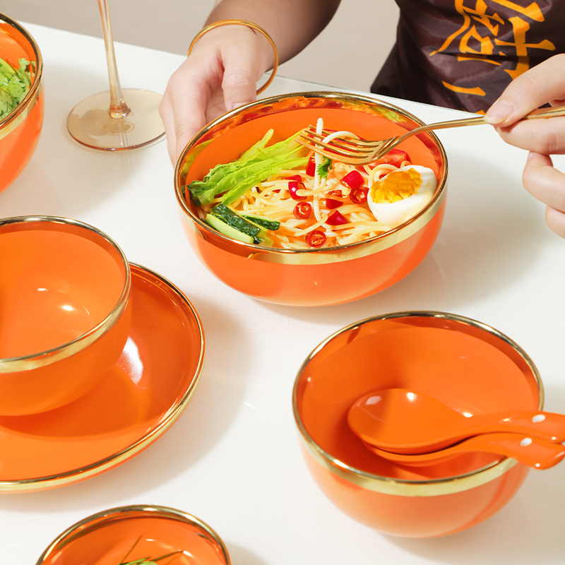 Nordic Orange Gold-Rimmed 6inch-Sided Bowl, Trendy Small Soup Bowl, Thickened Rice Bowl, Unique Household Ceramic Tableware