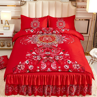 Wedding big red bedding four-piece bed skirt section 1.5m1.8 bed net red quilt cover Chinese flower sanding
