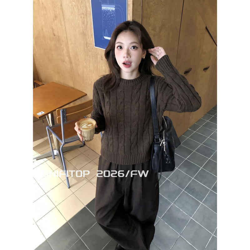 Unifitop Lazy Style Loose Slimming Knit Sweater for Women, Autumn Korean Retro Twist Round Neck Pullover Sweater