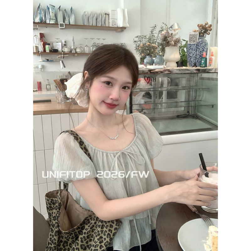 Unifitop French-Style Double-Layer Ruffled Lace-Up Shirt for Women, Summer Gentle Puff Sleeve Loose Slimming Top