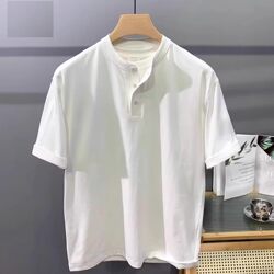 Plus Size 150kg American Retro Henry Collar T-Shirt for Men and Women, Loose Short-Sleeved, Cool and Stylish Half-Button Top