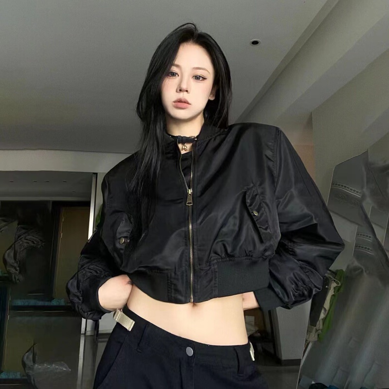 Black Baseball Jacket for Women 2022 New Design Niche Pilot High-Waisted Short Workwear Jacket Top