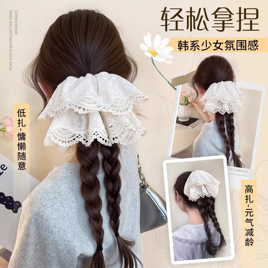 新中式双麻花辫假发女马尾蕾丝抓夹蓬松后脑勺高颅顶头饰2025新款