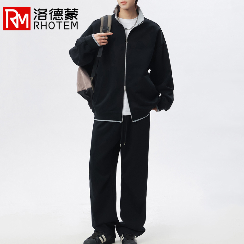 Lodemon American-Style Casual Sports Suit for Men, New Spring and Autumn Cardigan Sweatshirt and Sweatpants Set, Men's Outfit