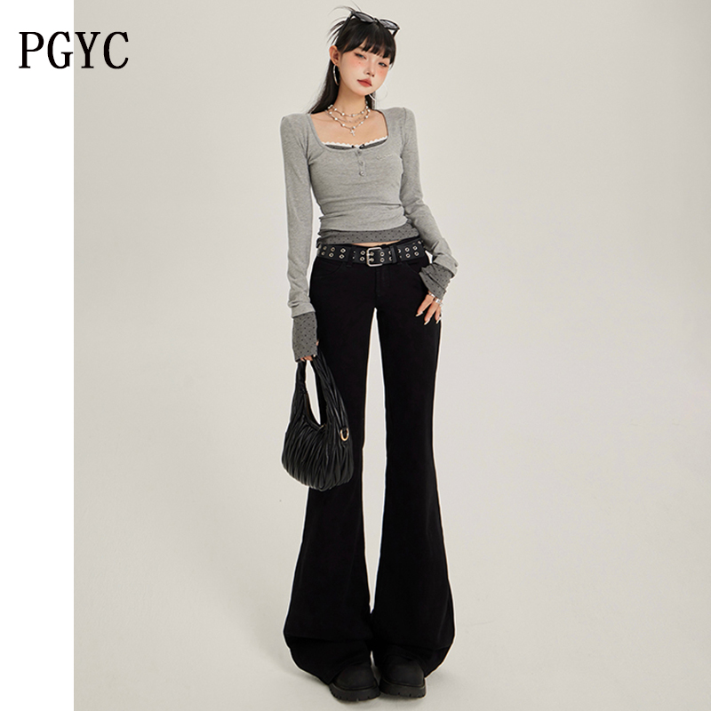 アメリカンスタイルのホットガールフレアジーンズ、女性用、2025年春の新スタイル、ローウエスト、ルーズ、スリム、ストレッチ、万能ワイドレッグパンツ