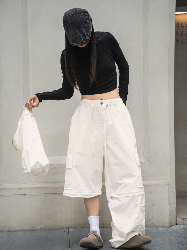 Gaonier Shop Original Apricot White Multi-Pocket Thin Detachable Loose-Fitting Unisex Cargo Pants Gaonier Shop Original Apricot White Multi-Pocket Thin Detachable Loose-Fitting Unisex Cargo Pants