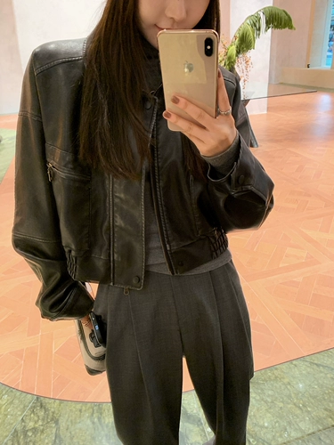 Lilylikes- 【Пятно】 Папотный автомобильный кожа кожаный ретро-силуэт лацкат Большая карманная локомотивная кожаная куртка