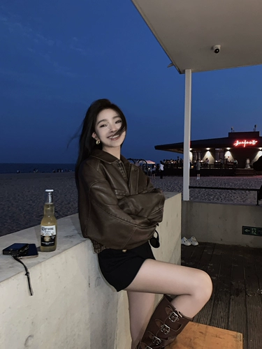 Lilylikes- 【Пятно】 Папотный автомобильный кожа кожаный ретро-силуэт лацкат Большая карманная локомотивная кожаная куртка