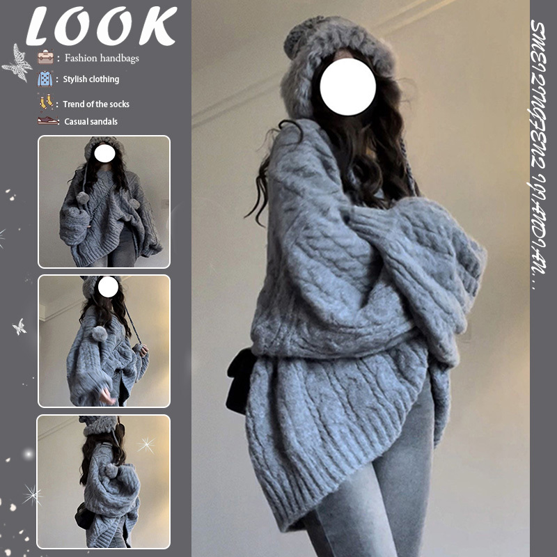 Forest-Style Retro Gray Pullover Cable Knit Sweater for Women, Autumn and Winter Thickened Outerwear, Lazy Style Mid-Length Knitted Top